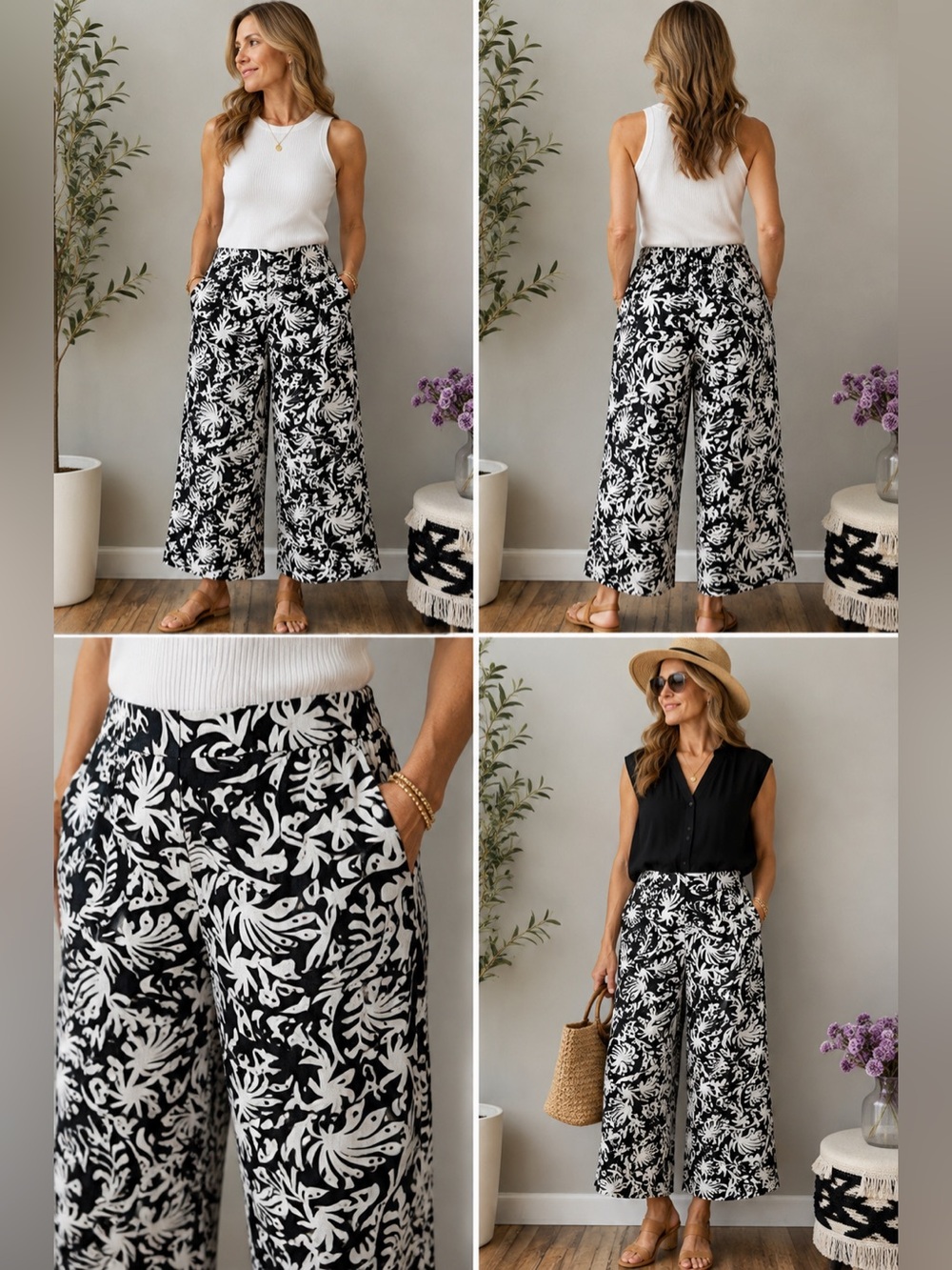 Rachel Zoe 100% Linen Black & White Tropical‎ Wide Leg Crop Pants XL
